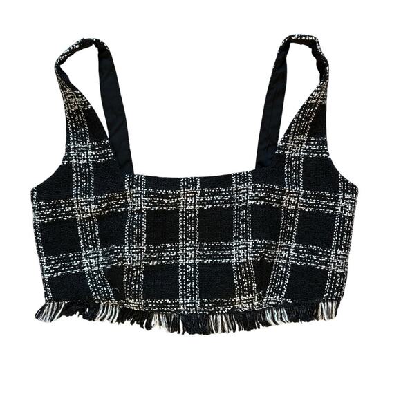 House of Harlow 1960 XS Black White Plaid Fringe Crop Top - Picture 1 of 3